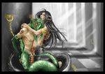  2boys black_hair chains claws cum earrings green_hair horns jewelry lamia male monster_boy monster_girl multiple_boys naga pointy_ears snake tail yaoi 