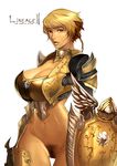  1girl armor blonde_hair bottomless breasts copyright_name gold_armor highres human hume large_breasts lineage lineage_2 lineage_ii looking_at_viewer no_panties parted_lips pubic_hair rennes shield short_hair simple_background slender_waist solo thigh_gap uncensored 