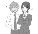  1boy 1girl arms_behind_back belt blush breast_pocket closed_eyes collared_shirt crossed_arms danganronpa danganronpa_3 eyebrows_visible_through_hair eyes_visible_through_hair freckles greyscale heart ikusaba_mukuro jacket long_sleeves looking_to_the_side monochrome naegi_makoto neck_ribbon necktie pleated_skirt pocket ribbon school_uniform shirt short_hair sketch skirt spot_color wavy_mouth 