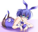 animal_ears aqua_eyes ass bangs bare_shoulders blue_hair blush bow bowtie breasts bunny_ears bunny_girl bunny_tail bunnysuit cleavage commentary_request detached_sleeves eyebrows_visible_through_hair fake_animal_ears fishnet_pantyhose fishnets glasses hex_grid high_heels looking_at_viewer lying medium_breasts on_stomach original pantyhose short_hair simple_background smile solo tail tonpuu wrist_cuffs 