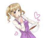  apron bad_id bad_pixiv_id bang_dream! bangs blush bowl brown_eyes chocolate commentary_request dutch_angle eyebrows_visible_through_hair hair_ornament heart holding holding_bowl ichigaya_arisa light_brown_hair long_hair long_sleeves looking_at_viewer mixing_bowl purple_apron shirt sidelocks simple_background solo tongue tongue_out tsukiman twintails white_background white_shirt x_hair_ornament 