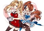  2girls ;p apron bangs beatrix_(granblue_fantasy) black_legwear black_skirt blonde_hair blue_apron blue_eyes blush bowl brown_hair chocolate chocolate_on_face closed_mouth collared_shirt commentary_request cream cream_on_face eyebrows_visible_through_hair food food_on_face granblue_fantasy green_eyes heart holding holding_bowl long_hair mixing_bowl multiple_girls nose_blush one_eye_closed plaid plaid_apron red_apron shirt side_ponytail skirt sleeves_rolled_up smile thighhighs tongue tongue_out twintails very_long_hair white_background white_shirt zeta_(granblue_fantasy) 