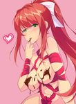  areola_slip areolae bdsm blush bondage bound breasts chocolate commentary covered_nipples doki_doki_literature_club eyebrows_visible_through_hair fingers_to_mouth green_eyes hair_intakes heart highres long_hair looking_at_viewer maullarmaullar medium_breasts monika_(doki_doki_literature_club) naked_chocolate naked_ribbon naughty_face nude parted_lips pink_background ponytail ribbon ribbon_bondage shibari sidelocks solo twitter_username valentine 