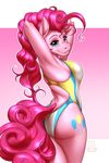  2018 absurd_res anthro butt butt_pose clothing cutie_mark digital_media_(artwork) earth_pony equine female friendship_is_magic hair hi_res horse long_hair mammal my_little_pony mykegreywolf one-piece_swimsuit pink_hair pinkie_pie_(mlp) pony smile solo swimsuit 