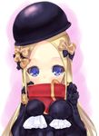  abigail_williams_(fate/grand_order) awa_(rosemarygarden) bangs black_bow black_dress black_hat blonde_hair blue_eyes bow box commentary_request covered_mouth dress fate/grand_order fate_(series) forehead gift gift_box hair_bow hat holding holding_gift long_hair long_sleeves looking_at_viewer orange_bow parted_bangs polka_dot polka_dot_bow sleeves_past_fingers sleeves_past_wrists solo valentine 
