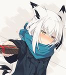 animal_ears bangs blue_scarf blush box closed_mouth coat embarrassed eyebrows_visible_through_hair fox_ears fox_tail gift gift_box hair_between_eyes holding long_hair long_sleeves looking_at_viewer nagishiro_mito original outstretched_arm scarf solo tail upper_body valentine white_hair yellow_eyes 