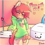  ! &lt;3 2018 :3 anthro balls bed biped black_eyebrows blue_eyes blush bottomless butterscotch_(hoodie) clothed clothing cutie_mark digital_media_(artwork) english_text equine eyebrows eyelashes fan_character front_view fur girly green_clothing green_topwear hair hi_res hoodie hoodie_(artist) hooves horse key leash letter lock looking_at_viewer male mammal my_little_pony one_eye_closed penis pillow pink_hair pink_penis pink_tail pony signature smile solo standing sweater tan_balls tan_fur text url wink 