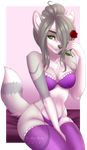  2018 5_fingers anthro breasts canine clothed clothing digital_media_(artwork) ei-ka eyebrows eyelashes female fexty green_eyes grey_hair grey_nose hair lingerie looking_at_viewer mammal midriff navel simple_background sitting smile solo wide_hips wolf 