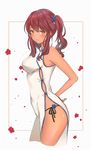  :/ bangs bare_arms bare_shoulders black_panties black_ribbon blue_flower blush breasts china_dress chinese_clothes closed_mouth covered_navel cowboy_shot cropped_legs dark_skin dress eyebrows_visible_through_hair flower from_side girls_frontline hair_tie hand_on_hip highres long_hair looking_at_viewer looking_to_the_side medium_breasts munape orange_eyes panties pelvic_curtain petals red_hair ribbon saiga-12_(girls_frontline) shiny shiny_hair side-tie_panties side_ponytail sleeveless sleeveless_dress standing thighs underwear wavy_mouth white_background white_dress 