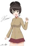  :d artist_name bangs brown_hair brown_jacket bukkuri character_name chi-hatan_school_uniform closed_mouth cowboy_shot cursive dated girls_und_panzer green_eyes hair_rings hosomi_(girls_und_panzer) jacket long_sleeves looking_at_viewer miniskirt open_mouth pleated_skirt red_skirt school_uniform short_hair signature simple_background skirt smile solo standing white_background 