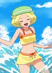  armpits bel_(pokemon) beret bikini bikini_skirt blonde_hair breasts cap_(dkdm-d) cleavage closed_eyes cloud commentary_request condensation_trail cosplay cowboy_shot day drawstring flipped_hair green_hat happy hat hikari_(pokemon) hikari_(pokemon)_(cosplay) hips laughing legs_apart ocean official_style open_mouth outdoors outstretched_arm overhang pokemon pokemon_(anime) pokemon_(game) pokemon_bw pokemon_bw_(anime) pokemon_dp_(anime) pokemon_dppt short_hair sky small_breasts smile splashing standing swimsuit tankini wading water yellow_bikini 