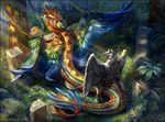  2018 anal avian detailed_background digital_media_(artwork) duo feathered_wings feathers feral foliage grey_feathers gryphon hi_res invalid_tag jungle kervburd male male/male on_top penis qotalaithatxl quetzalcoatl red-izak reptile reverse_cowgirl_position ruins scalie sex snake wings 