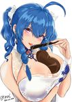  ahoge azur_lane bangs bare_shoulders between_breasts blue_hair blush breast_hold breasts china_dress chinese_clothes chocolate chocolate_heart cleavage commentary_request dress eyebrows_visible_through_hair fan heart highres holding huge_breasts lips lipstick long_hair looking_at_viewer makeup mi_mi_ham open_mouth paper_fan purple_eyes shiny shiny_hair shiny_skin simple_background sleeveless smile solo st._louis_(azur_lane) valentine white_background 