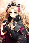  asymmetrical_sleeves bad_id bad_pixiv_id bangs black_cape black_dress blonde_hair blush bow breasts cape cleavage closed_mouth commentary_request dress earrings ereshkigal_(fate/grand_order) eyebrows_visible_through_hair fate/grand_order fate_(series) fur_collar gambe hair_bow highres infinity jewelry long_hair long_sleeves looking_at_viewer medium_breasts multicolored multicolored_cape multicolored_clothes parted_bangs purple_bow purple_cape red_eyes single_sleeve skull smile solo spine tiara two_side_up very_long_hair 