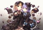  :o bangs black_bow black_dress black_footwear black_hat black_legwear blonde_hair blue_bow blue_eyes blue_ribbon blush bow brown_ribbon chocolate chocolate_heart closed_mouth dress eyebrows_visible_through_hair gochuumon_wa_usagi_desu_ka? gothic_lolita green_eyes grey_background hair_between_eyes hair_bow hat heart highres kafuu_chino kirima_sharo lolita_fashion long_hair long_sleeves looking_at_viewer mary_janes mini_hat missile228 multiple_girls pantyhose parted_lips purple_hair ribbon shoes sitting striped striped_bow striped_legwear striped_ribbon vertical-striped_legwear vertical_stripes very_long_hair wide_sleeves 