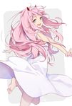  aqua_eyes bare_legs barefoot darling_in_the_franxx dress hairband hong_(white_spider) horns long_hair looking_at_viewer looking_back open_eyes open_mouth pink_hair solo white_dress white_hairband zero_two_(darling_in_the_franxx) 