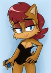  2018 anthro areola big_breasts blue_eyes blush bottomless breasts brown_fur chipmunk clothed clothing condom digital_media_(artwork) female fur hair hand_on_hip hearlesssoul hi_res looking_at_viewer mammal nightgown nipple_slip nipples off_shoulder pussy red_hair rodent sally_acorn smile solo sonic_(series) undressing 