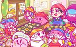  6+girls :q adeleine apron bandana beanie bird black_hair blue_hair blue_hat blush_stickers cat chef_hat chuchu_(kirby) claycia commentary_request cookie egg elline_(kirby) fairy flour food food_on_face hair_over_eyes hair_ribbon hamster hat king_dedede kirby kirby_(series) licking_lips multicolored_hair multiple_girls notepad official_art oven_mitts pastry_bag pick_(kirby) ribbon ribbon_(kirby) scarf shiro_(kirby) susie_(kirby) tongue tongue_out tray valentine waddle_dee window 