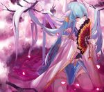  araiyme blush branch cherry_blossoms commentary eyebrows_visible_through_hair fan fate/grand_order fate_(series) folding_fan green_hair holding holding_fan horns japanese_clothes kiyohime_(fate/grand_order) long_hair looking_at_viewer petals petals_on_liquid pink_water seiza sitting smile solo very_long_hair water yellow_eyes 