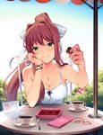  bangs bare_shoulders blush bow box_of_chocolates breasts brown_hair bush camisole chair chin_rest chocolate cleavage coffee commentary cup day doki_doki_literature_club eyebrows_visible_through_hair fingernails green_eyes greeting_card hair_bow hair_intakes heart highres holding_chocolate jewelry long_hair looking_at_viewer medium_breasts monika_(doki_doki_literature_club) multiple_girls natsuki_(doki_doki_literature_club) o_o official_art outdoors pendant ponytail ribbon satchely sayori_(doki_doki_literature_club) seductive_smile sitting smile solo_focus spaghetti_strap surprised table teaspoon umbrella valentine very_long_hair white_camisole yuri_(doki_doki_literature_club) 