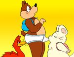  avian banjo-kazooie banjo_(banjo-kazooie) bear bird briefs clothing erection female group kazooie male male/female male/male mammal nipples nishi overweight overweight_male oxnard simple_background tighty_whities underwear video_games white_underwear yellow_background 