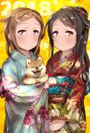  2girls alternate_hairstyle bad_id bad_pixiv_id black_hair blush brown_eyes brown_hair checkered checkered_background chinese_zodiac commentary_request dog dog_request eyebrows_visible_through_hair floral_print flower hair_flower hair_ornament hairclip hatsushimo_(kantai_collection) japanese_clothes juurouta kantai_collection kimono long_hair long_sleeves looking_at_viewer medium_hair multiple_girls new_year obi own_hands_together ponytail print_kimono sash sidelocks v_arms wakaba_(kantai_collection) wavy_hair year_of_the_dog 