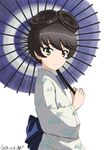  artist_name bangs brown_hair bukkuri chi-hatan_(emblem) closed_mouth dated emblem from_side girls_und_panzer green_eyes hair_rings holding holding_umbrella hosomi_(girls_und_panzer) japanese_clothes kimono long_sleeves looking_at_viewer oriental_umbrella print_kimono short_hair signature simple_background smile solo standing umbrella upper_body white_background white_kimono 