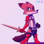  2018 anthro armor canine clothed clothing cosplay crossdressing dipstick_ears dipstick_tail disney fanartiguess footwear fox gloves gloves_(marking) heavy_metal_(film) high_heels holding_object holding_weapon male mammal markings melee_weapon multicolored_tail nick_wilde shoes shoulder_pads signature simple_background socks_(marking) solo standing sword unconvincing_armor url weapon white_background zootopia 
