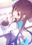  apron bangs blue_sailor_collar blue_skirt bowl brown_apron brown_hair chikuwa. chocolate counter eyebrows_visible_through_hair finger_licking highres holding holding_bowl indoors licking long_hair long_sleeves looking_at_viewer looking_back low_twintails mixing_bowl original parted_lips pleated_skirt purple_eyes sailor_collar school_uniform serafuku shirt sidelocks sketch skirt solo twintails valentine very_long_hair white_shirt 