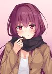  andrew_(fanlp3) black_scarf blush chocolate chocolate_heart closed_mouth fate/grand_order fate_(series) gradient gradient_background heart highres long_hair looking_at_viewer pink_background purple_hair red_eyes scarf scathach_(fate)_(all) scathach_(fate/grand_order) smile solo upper_body valentine 