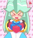  1girl 2018 blush capcom dated eyes_closed gift green_hair heart heart-shaped_box heart_background holding holding_gift long_hair open_mouth pandora_(rockman) patterned patterned_background pov present ribbon rockman rockman_zx shoutaro_saito signature solo solo_focus speech_bubble 