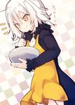  &gt;:) apron bangs beni_shake black_jacket blush bowl checkered checkered_background closed_mouth commentary_request eyebrows_visible_through_hair fate/grand_order fate_(series) fur-trimmed_jacket fur-trimmed_sleeves fur_trim hair_between_eyes holding holding_bowl jacket jeanne_d'arc_(alter)_(fate) jeanne_d'arc_(fate)_(all) long_sleeves looking_away mixing_bowl partial_commentary smile solo translated v-shaped_eyebrows valentine white_hair wicked_dragon_witch_ver._shinjuku_1999 yellow_apron yellow_eyes 