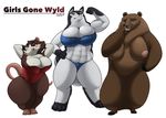  2018 abs anthro armello badroy bear big_breasts bra brassier breasts canine cleavage clothed clothing english_text female griotte_(armello) group hands_behind_head magna_(armello) mammal nipples nude panties pose rat rodent sana_(armello) simple_background text underwear white_background wolf 