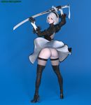  1girl 3d ass back blue_eyes boots high_heel_boots hips holding_weapon huge_ass looking_back nier_automata short_hair simple_background sword the_majestic thick_thighs thighs white_hair wide_hips yorha_no._2_type_b 