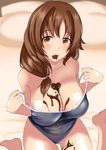  bangs bare_shoulders barefoot blue_swimsuit blurry blurry_background blush breasts brown_eyes brown_hair chocolate cleavage collarbone commentary_request competition_school_swimsuit covered_navel eyebrows_visible_through_hair heart highres hips idolmaster idolmaster_cinderella_girls large_breasts looking_at_viewer mouth_hold noizou_(zatuo008) on_bed one-piece_swimsuit sitting smile solo swimsuit swimsuit_pull thighs totoki_airi wariza yellow_eyes 
