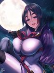  bangs bodysuit breasts commentary_request fate/grand_order fate_(series) fingerless_gloves fukai_ryousuke gloves large_breasts long_hair looking_at_viewer low-tied_long_hair minamoto_no_raikou_(fate/grand_order) open_mouth parted_bangs purple_bodysuit purple_eyes purple_hair ribbed_sleeves smile solo very_long_hair 