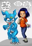  anthro breasts claws clothing digimon dragon duo english_text female gender_transformation hair human jackie_chan_adventures jade_chan kandlin magic mammal mtf_transformation nipples nude open_mouth scalie simple_background text transformation veemon young 