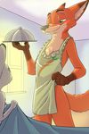  2018 akiric anthro apron bedding blanket canine carrot chest_tuft cloche clothed clothing clothing_lift dipstick_ears disney duo female food fox gloves_(marking) half-closed_eyes holding_object inside judy_hopps lagomorph male mammal markings naked_apron nick_wilde pawpads rabbit smile tray tuft vegetable window zootopia 