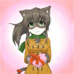  1girl artist_request brown_hair cat chocloate furry green_eyes smile valentine 