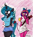  &lt;3 2018 anthro anthrofied arrow bow_(weapon) breasts changeling clothing duo equine female friendship_is_magic horn mammal miniskirt my_little_pony newyorkx3 princess_cadance_(mlp) queen_chrysalis_(mlp) ranged_weapon skirt surprise unicorn weapon 