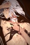  altera_(fate) arm_up armpits blush bright_pupils chocolate_bath choker collarbone covered_nipples eyelashes fate/grand_order fate_(series) flat_chest hand_on_own_chest hand_on_own_head i-pan lying on_back parted_lips profile red_eyes shiny shiny_skin short_hair smile solo tattoo teeth upper_body veil white_choker 