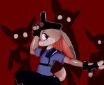  2016 4_fingers absurd_res anthro capcom clothing cosplay crossover dipstick_ears disney ears_down female fingerless_gloves fur gloves grey_fur group gun handgun hat hi_res holding_object holding_weapon jaynatorburudragon jill_valentine judy_hopps lagomorph long_ears looking_back mammal outline pistol police_uniform purple_eyes rabbit ranged_weapon red_background resident_evil simple_background smile solo solo_focus undead uniform video_games weapon zombie zootopia 