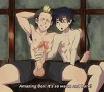  2boys anma_(ryuichi87) ao_no_exorcist armpit blush body_hair erection handjob male_focus multiple_boys naughty_face penis penis_grab piercing sitting smile teeth text yaoi 