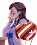  :3 bangs blue_shirt blush box breasts brown_eyes brown_hair chin_rest collared_shirt commentary d.va_(overwatch) embarrassed facepaint facial_mark fingernails from_side gift gift_box hand_on_own_cheek hand_on_own_face hands_up head_rest heart heart-shaped_box high_collar holding holding_gift incoming_gift jacket long_hair long_sleeves medium_breasts open_clothes open_jacket outstretched_arm overwatch profile reaching reaching_out rixch shirt simple_background sitting solo swept_bangs tsundere upper_body v-shaped_eyebrows valentine whisker_markings white_background 