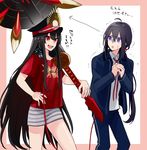  1girl ahoge asuma_(hanezu) black_hair buster_shirt crossover fate/grand_order fate_(series) guitar hand_on_hip hat instrument koha-ace long_hair namazuo_toushirou oda_nobunaga_(fate) oda_nobunaga_(swimsuit_berserker)_(fate) oda_uri open_mouth ponytail purple_eyes red_eyes shako_cap smile sweat touken_ranbu translation_request trembling very_long_hair 