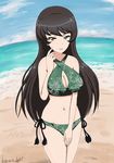  alternate_hairstyle artist_name bangs beach bikini breasts brown_hair bukkuri character_name cleavage cloud cloudy_sky cowboy_shot criss-cross_halter dated day girls_und_panzer green_bikini green_eyes hair_down halterneck hosomi_(girls_und_panzer) long_hair looking_at_viewer medium_breasts navel outdoors parted_lips side-tie_bikini signature sky smile solo standing swimsuit 