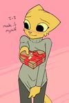  2018 blush clothing digital_media_(artwork) embarrassed feline female filthypally first_person_view fur gift holidays katia_managan khajiit looking_aside mammal nervous prequel simple_background smile solo standing sweater the_elder_scrolls valentine&#039;s_day video_games yellow_fur 