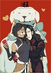  animal_ears arm_around_waist asami_sato avatar_(series) black_hair blue_eyes blush brown_hair chinese_zodiac commentary_request couple dark_skin dog dog_ears green_eyes korra leaning_on_person looking_at_viewer muito multiple_girls naga_(avatar) pelt the_legend_of_korra valentine year_of_the_dog yuri 