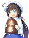  :d ahoge arimoto bangs beret blue_dress blue_eyes blunt_bangs blush board_game brown_hair chocolate commentary_request dress eyebrows_visible_through_hair hat hinatsuru_ai holding long_hair long_sleeves looking_at_viewer low_twintails open_mouth puffy_short_sleeves puffy_sleeves ryuuou_no_oshigoto! school_uniform short_over_long_sleeves short_sleeves shougi smile solo star translation_request twintails upper_teeth valentine very_long_hair white_background white_hat 