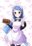  absurdres alternate_costume alternate_eye_color apron black_gloves black_legwear black_sailor_collar blue_hair blush cake chocolate_cake cowboy_shot dated elbow_gloves enmaided eyebrows_visible_through_hair food frilled_apron frills gloves heart heart_background highres holding holding_plate kantai_collection long_hair looking_at_viewer maid maid_headdress minidraco plate sailor_collar samidare_(kantai_collection) signature solo standing straight_hair tareme thighhighs very_long_hair white_apron 